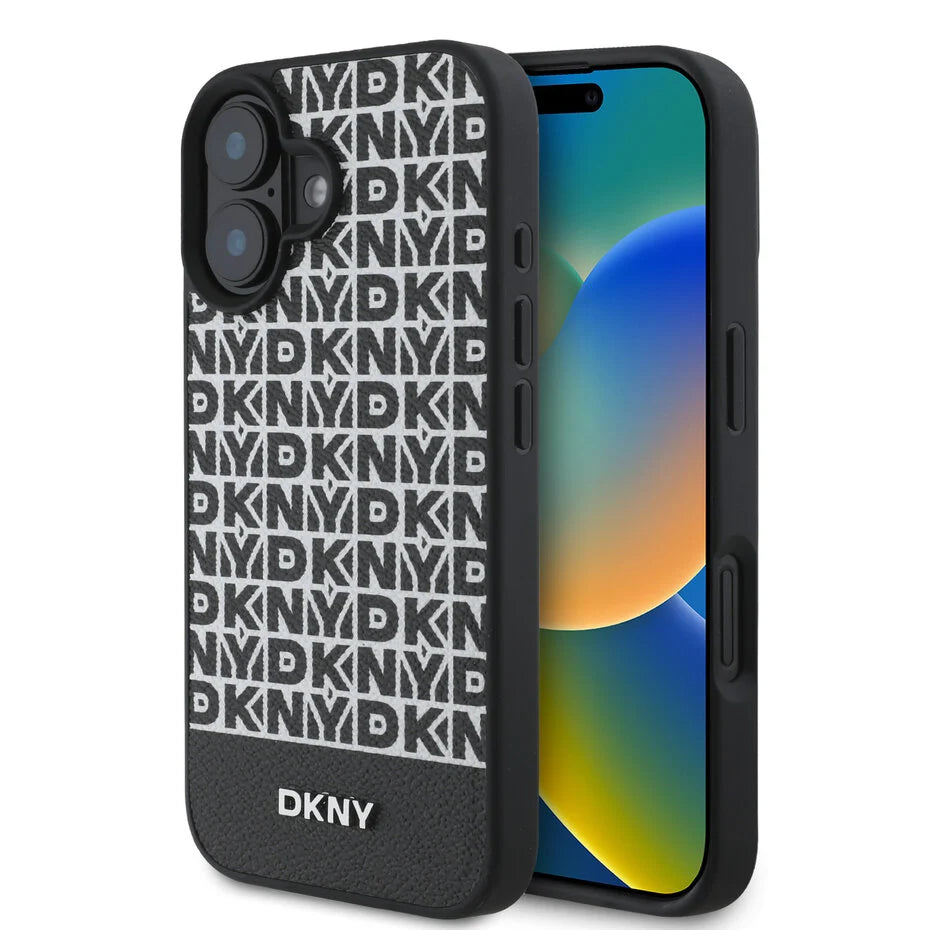 DKNY iPhone 16 Back cover case PU Leather Repeat Pattern Bottom Stripe MagSafe Black