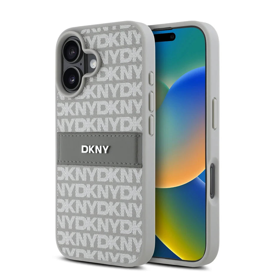 DKNY iPhone 16 Back cover case PU Leather Repeat Pattern Tonal Stripe Grey