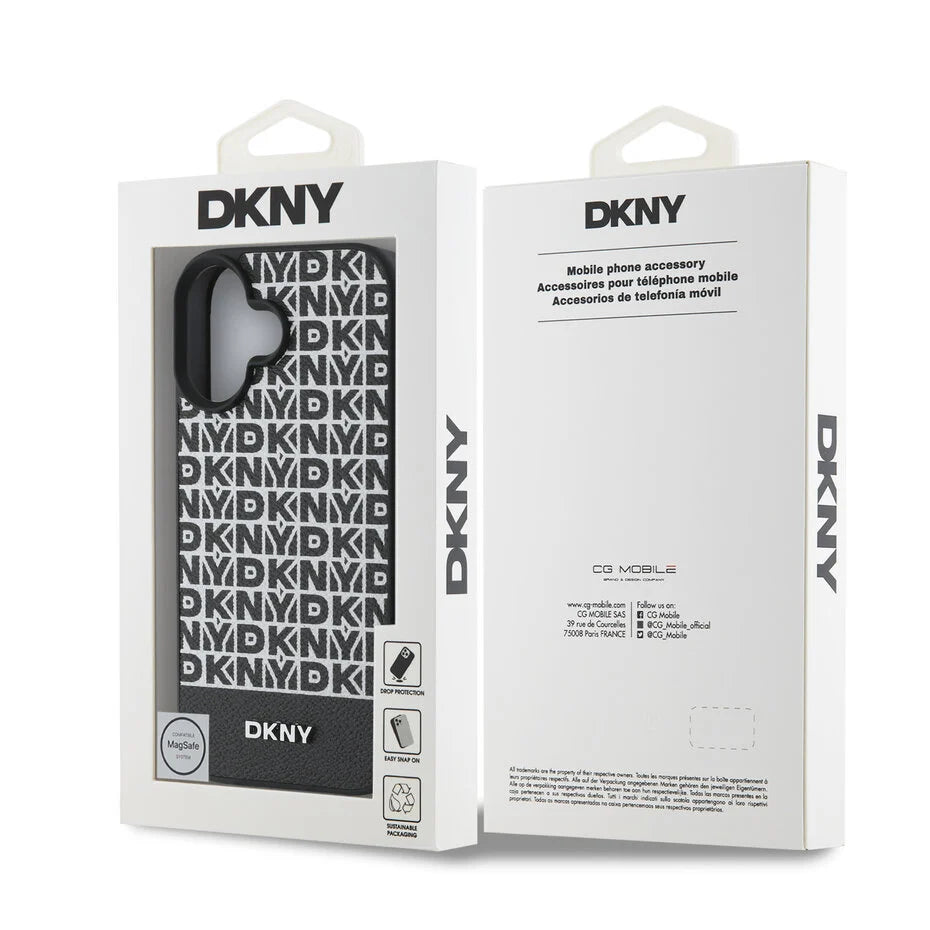 DKNY iPhone 16 Back cover case PU Leather Repeat Pattern Bottom Stripe MagSafe Brown