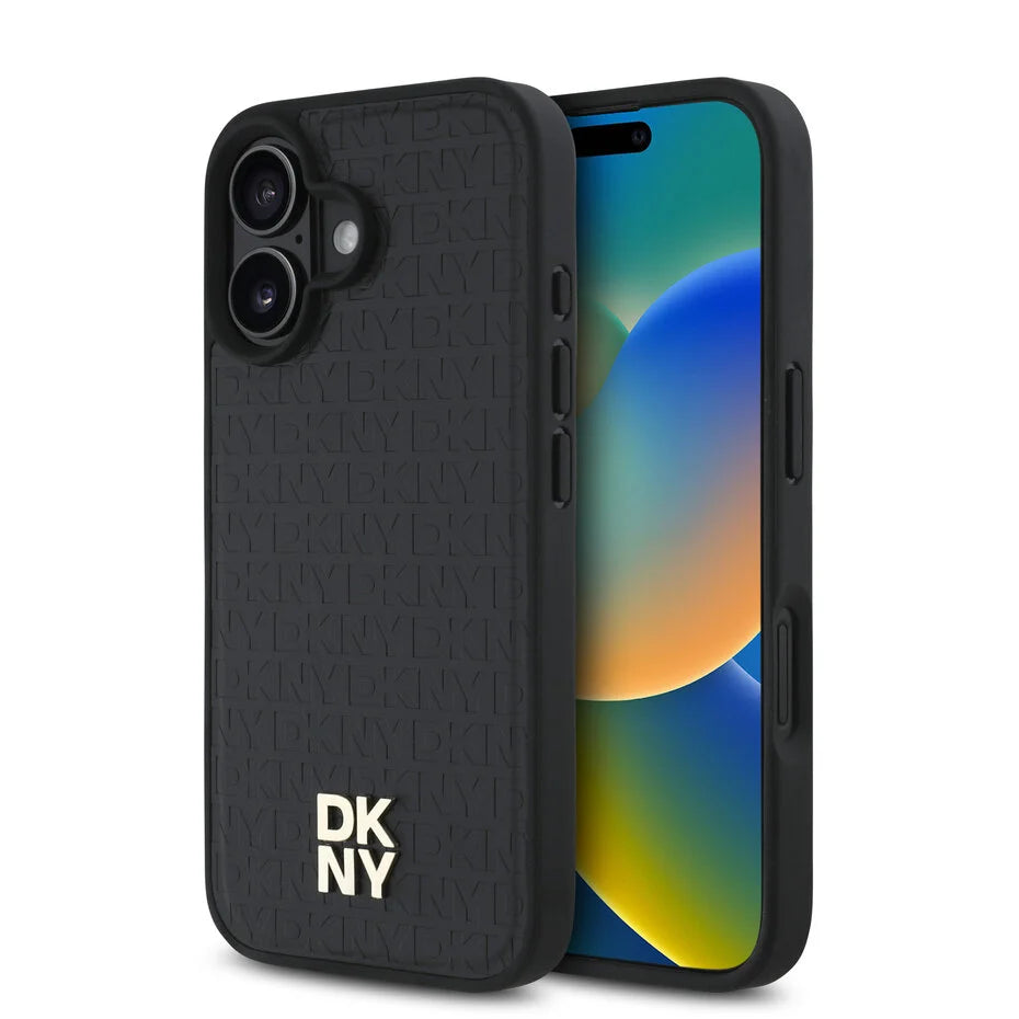 DKNY iPhone 16 Back cover case PU Leather Repeat Pattern Stack Logo MagSafe Black