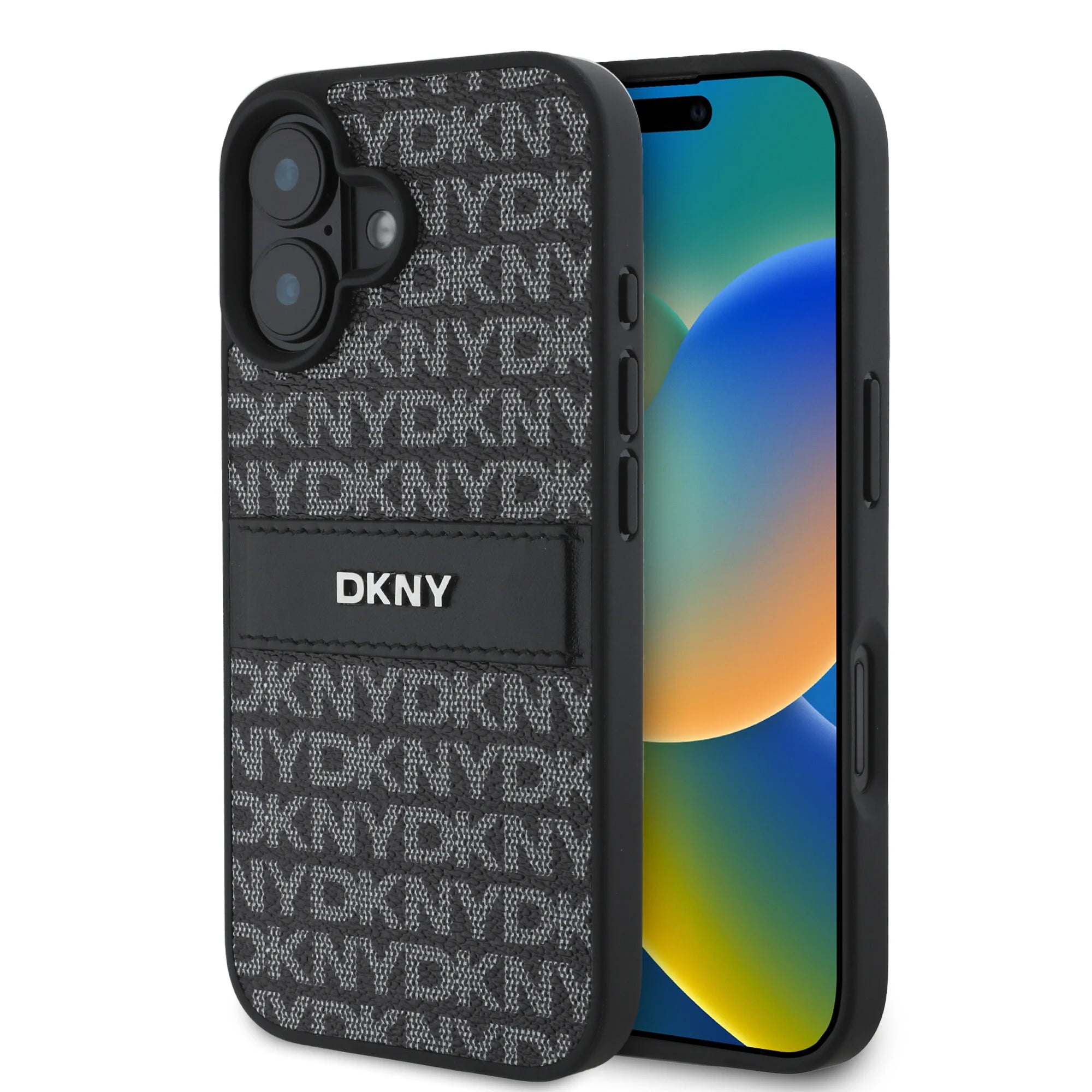 DKNY iPhone 16 Back cover case PU Leather Repeat Pattern Tonal Stripe Grey